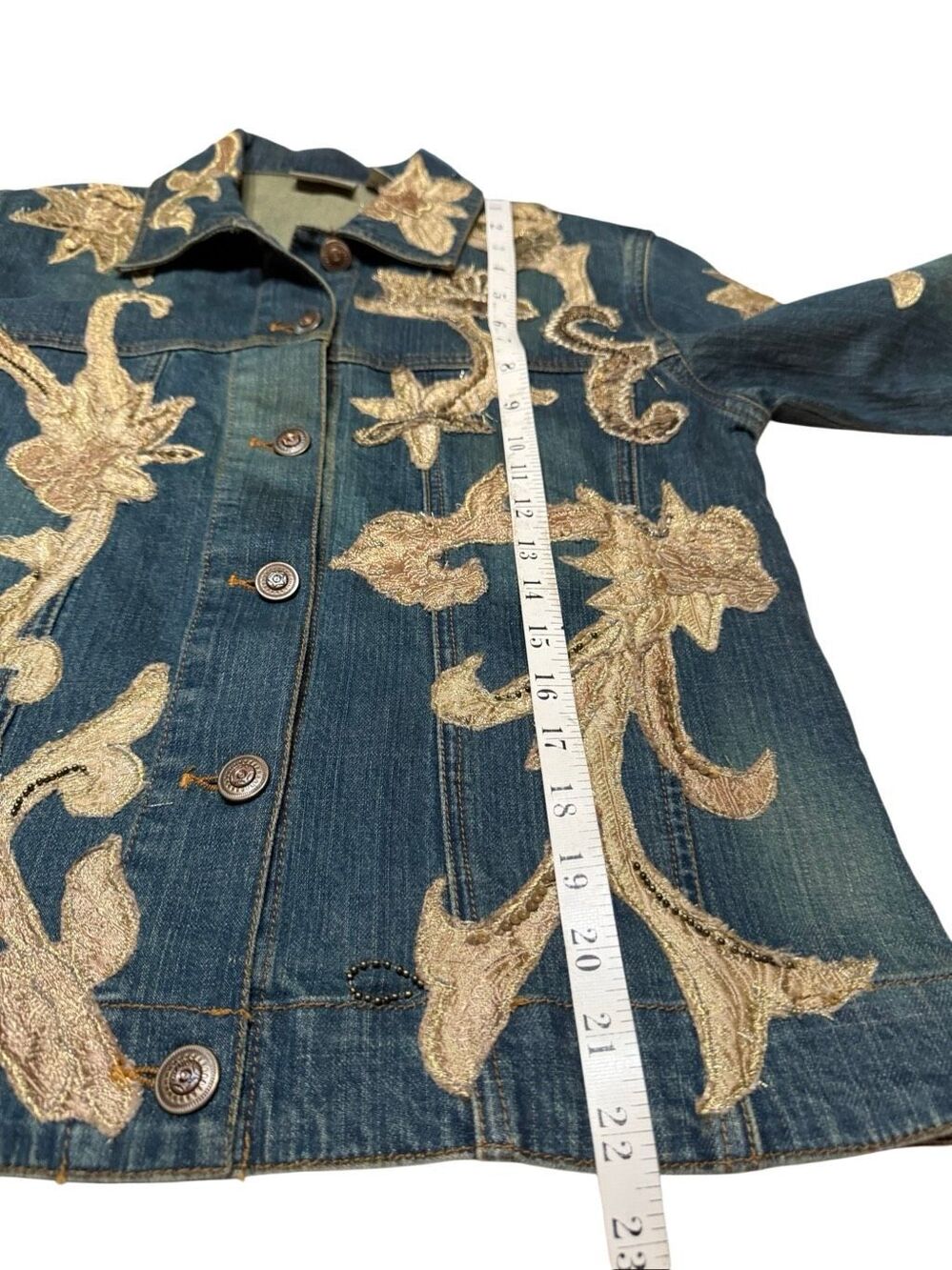 Chico's blue denim jacket intricate metallic gold/cream abstract appliqué / sequ - Picture 5 of 6